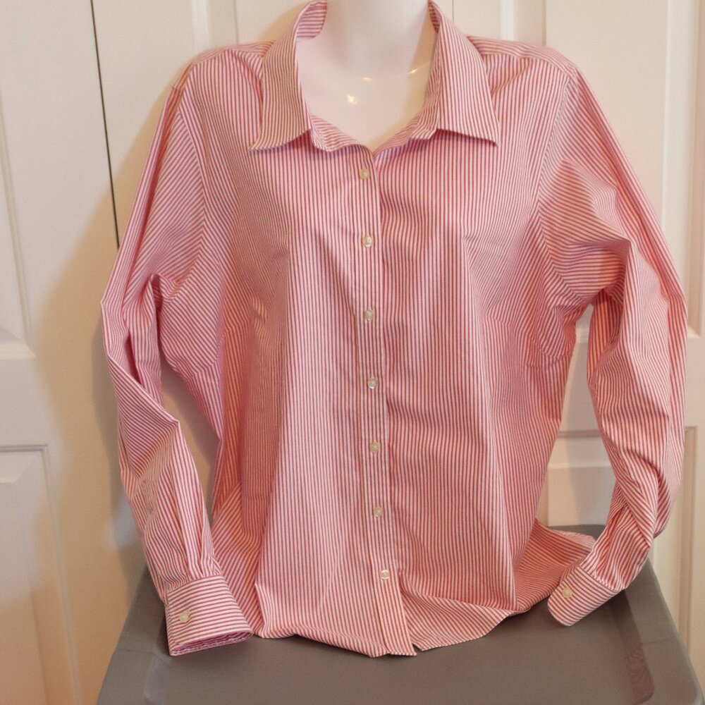Lands' End 100% Cotton White/Red No Iron Pinpoint Oxford Womens Size 22W Striped